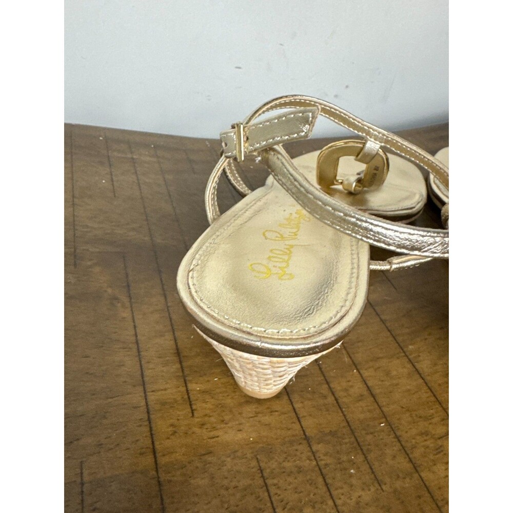 Lilly Pulitzer Gold Metallic Leather T Strap Wedge Sandals Women’s 8 Resort - Picture 8 of 13